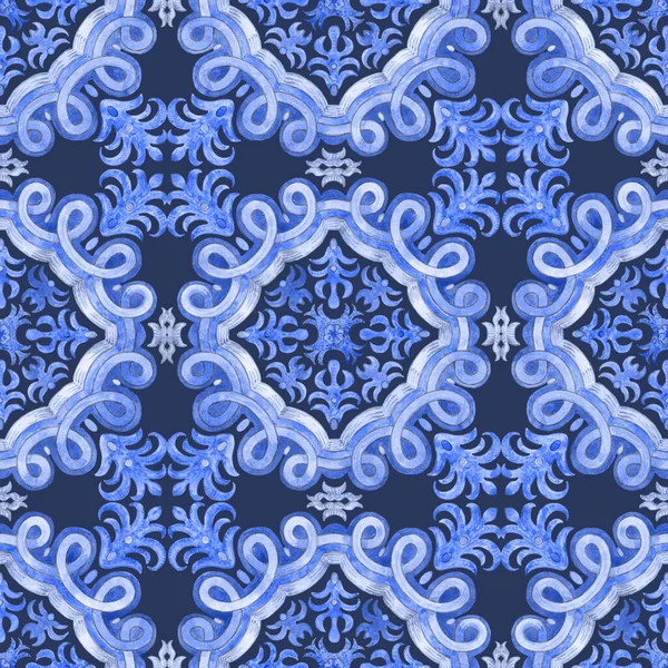 Sömlöst Mönster Akvarell Målade Blå Mosaik Plattor Med Blommiga Prydnader — Stockfoto