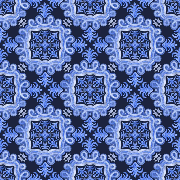 Padrão Sem Costura Azulejos Aquarela Pintados Mosaico Azul Com Ornamentos — Fotografia de Stock