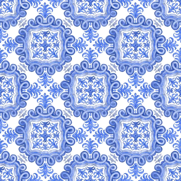 Patrón Inconsútil Acuarela Pintada Azulejos Mosaico Azul Con Adornos Florales —  Fotos de Stock