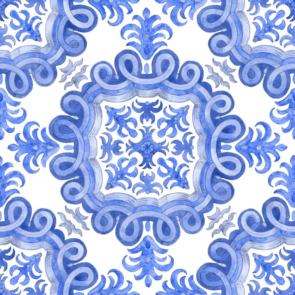 Seamless pattern of watercolor painted blue mosaic tiles with floral ornaments in Mediterranean majolica ceramic painting style on a white background. Wallpaper dcor, batik print