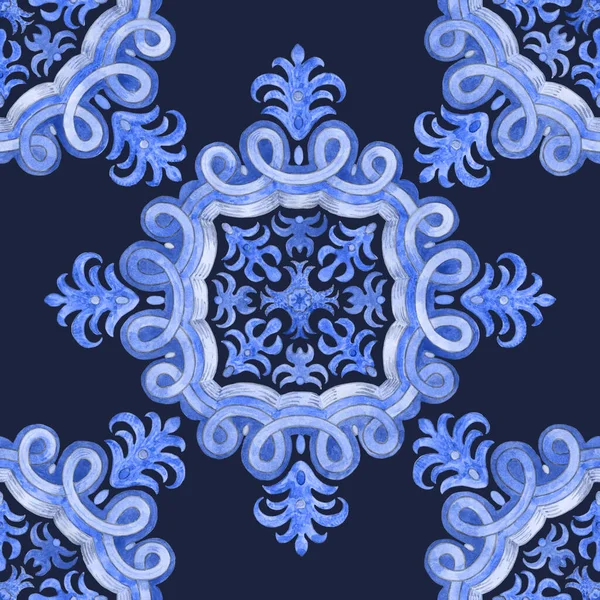 Padrão Sem Costura Azulejos Aquarela Pintados Mosaico Azul Com Ornamentos — Fotografia de Stock