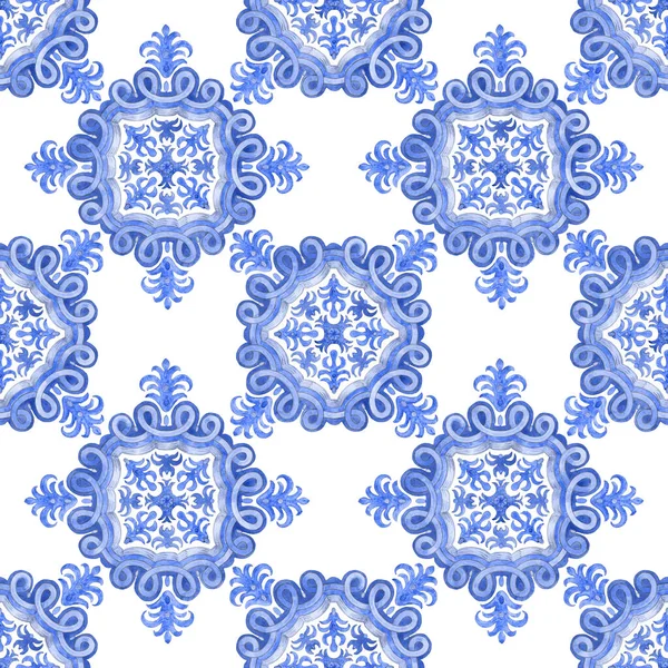 Seamless pattern of watercolor painted blue mosaic tiles with floral ornaments in Mediterranean majolica ceramic painting style on a white background. Wallpaper dcor, batik print