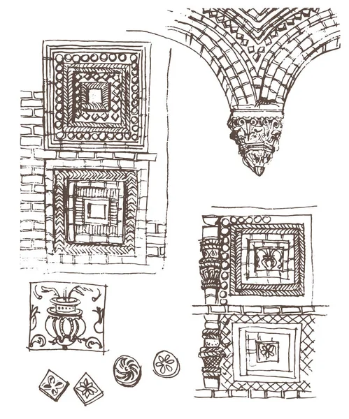 陶瓷装饰元素的古老砖墙拱门在古老的俄罗斯和拜占庭建筑风格 病媒追踪到褐色墨水和笔迹草图 — 图库矢量图片