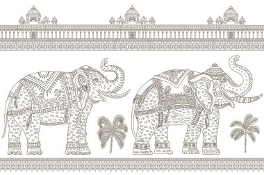 Süslü Hint fili, tropik palmiye ağacı ve antika tapınağı olan vektörsüz sınır deseni. Beyaz arka planda kahverengi bir çizgi var. Yetişkinler ve çocuklar için boyama kitabı