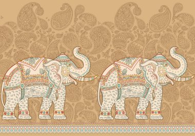 Süslü Hint fili, kahverengi Paisley süsleri ve bej bir arkaplanı olan vektörsüz sınır deseni. Yetişkinler ve çocuklar için boyama kitabı