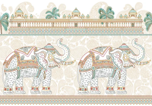 Modèle Bordure Sans Couture Vectoriel Avec Éléphant Indien Orné Palmier — Image vectorielle