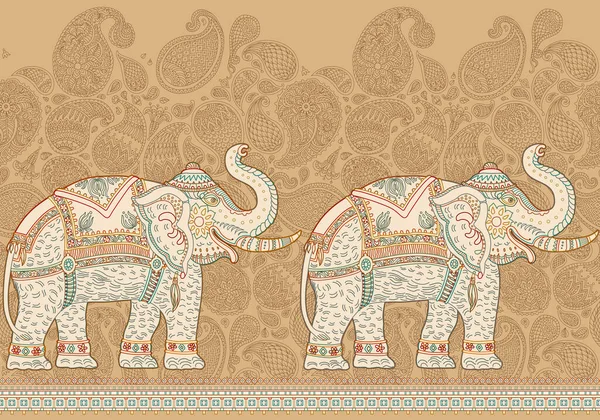 Vector Seamless Border Pattern Ornate Indian Elephant Brown Paisley Ornaments — Stock Vector