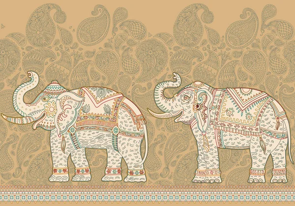 Vector Seamless Border Pattern Ornate Indian Elephant Brown Paisley Ornaments — Stock Vector