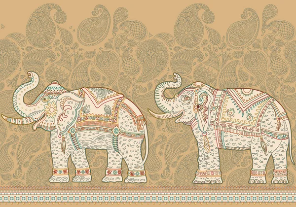 Vector seamless border pattern with ornate Indian elephant, brown Paisley ornaments on a beige background. Coloring book for adults and children