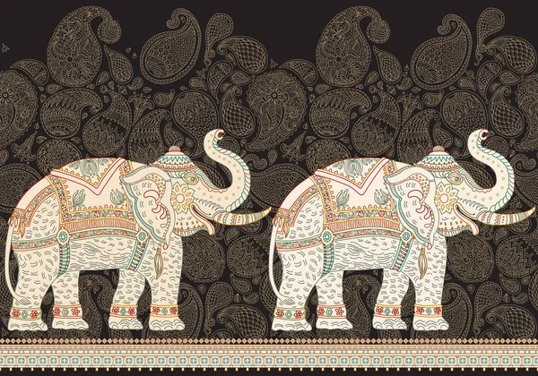 Modèle Frontière Sans Couture Vectoriel Avec Éléphant Indien Orné Fantaisie — Image vectorielle