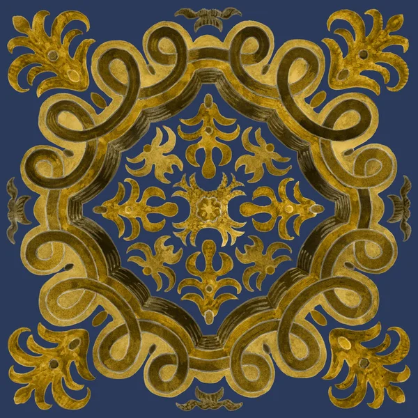 水彩画金黄色的花缎瓷砖 底色深蓝色 手绘金色卷轴 叶子和枝条的瓷砖 — 图库照片
