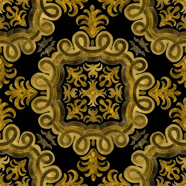 Watercolor Painted Golden Floral Damask Seamless Pattern Black Background Tile — Stock Photo, Image