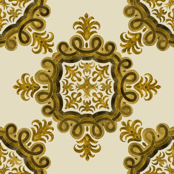 Watercolor Painted Golden Floral Damask Seamless Pattern Beige Background Tile — Stock Photo, Image