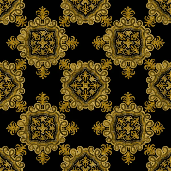 Υδατογραφία Βαμμένο Χρυσό Floral Δαμασκηνί Αδιάλειπτη Μοτίβο Μαύρο Φόντο Πλακάκια — Φωτογραφία Αρχείου