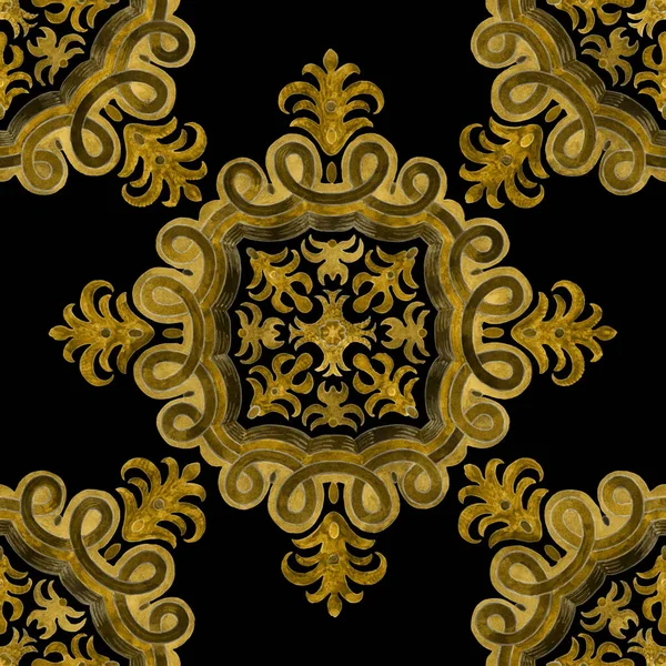 Watercolor Painted Golden Floral Damask Seamless Pattern Black Background Tile — Stock Photo, Image