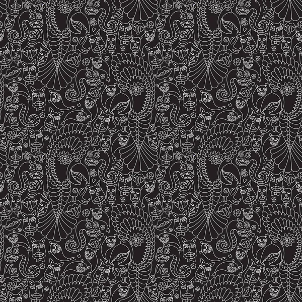 Cat, Dog face, Parrot, snake, lips, smiling monsters. Seamless pattern, white doodle on a black background, Hippie print