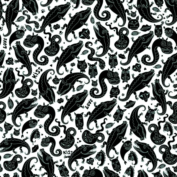 Funny monsters, cats, dogs, crocodiles, snake, lipstick kiss. Seamless pattern,Hippie print, Futuristic cubism wallpaper. Green doodle contour, Black silhouette on a white background