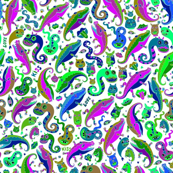 Funny monsters, cats, dogs, crocodiles, snake, lipstick kiss. Seamless pattern in psychedelic green, blue, purple colors on a white background. Hippie print, Futuristic cubism wallpaper