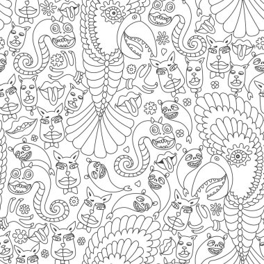 Vektör Kedi, Köpek Surat, Papağan, yılan, dudaklar, gülümseyen canavarlar. Yetişkinler ve çocuklar için boyama kitabı sayfası için kusursuz desen, Hippi baskısı