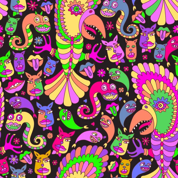 Cat, Dog face, Parrot, snake, lips, smiling monsters. Seamless pattern in psychedelic colors on a black background.Hippie print, Futuristic cubism wallpaper