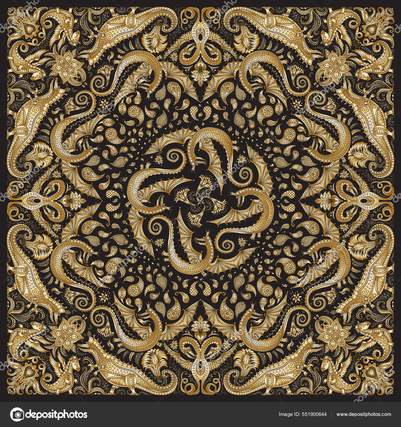 Vector Estampado Bandana Dragón Dorado Sobre Fondo Negro Patrón Paisley  Vector de stock #551900644 de ©L.Kramer, image size:1600x1700