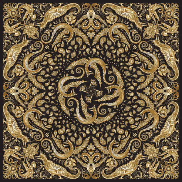 Vetor Dourado Dragão Bandana Imprimir Fundo Preto Padrão Paisley Flores — Vetor de Stock