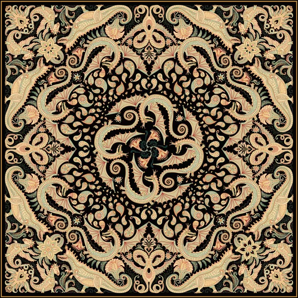 Vektorfarbener Drachen Bandana Print Auf Schwarzem Hintergrund Beige Paisley Muster — Stockvektor