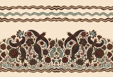 Etnik tarzda kusursuz bir sınır. Peri masalı uçan kuşlar, bej arka planda folklor süsleri olan renkli ince bir çizgi. Nakış, siyah siluet, duvar kağıdı, tekstil baskısı, ambalaj kağıdı.
