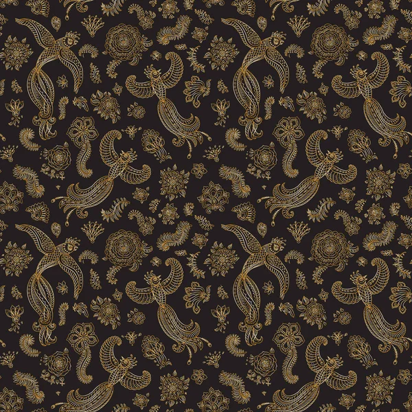 Nahtloses Muster Mit Goldenen Fantasievögeln Goldene Konturzeichnung Auf Schwarzem Hintergrund — Stockfoto