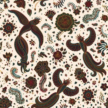 Etnik tarzda kusursuz bir model. Fantezi siyah siluetler uçan kuşlar, renkli hatlar ince çiçekler bej arka planda halk süsleri.