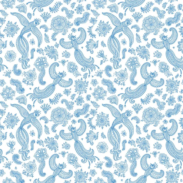 Vector Seamless Pattern Fantasy Birds Turquoise Blue Contour Thin Line — Stockvektor