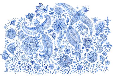 Çiçekli suluboya seti beyaz arka planda izole edilmiş. Peri masalı çifti, paisley elementleri, fantezi çiçeği, desenli yapraklar. Düğün davetiyesi, evlilik kartı, kitap kapağı, tişört baskısı.