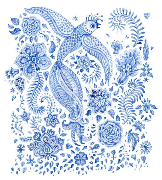 花色的水彩画集孤立在白色的背景上 童话中的小鸟 派斯利的元素 幻想中的花朵 有质感的叶子 小册子页 T恤衫印 — 图库照片