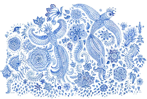 Florales Aquarell Gemalt Isoliert Auf Weißem Hintergrund Märchenvogel Liebespaar Paisley — Stockfoto