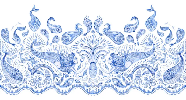 Płynny Wzór Granicy Niebieski Ręcznie Malowane Baśniowe Zwierzęta Morskie Syrena — Zdjęcie stockowe