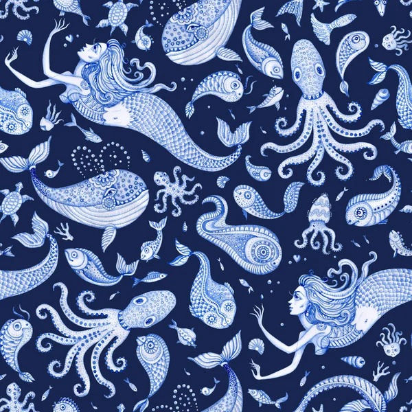 青い手のシームレスなパターンは おとぎ話の海の動物や人魚を描いた 暗い背景に隔離された水彩ファンタジー魚 サンゴ — ストック写真