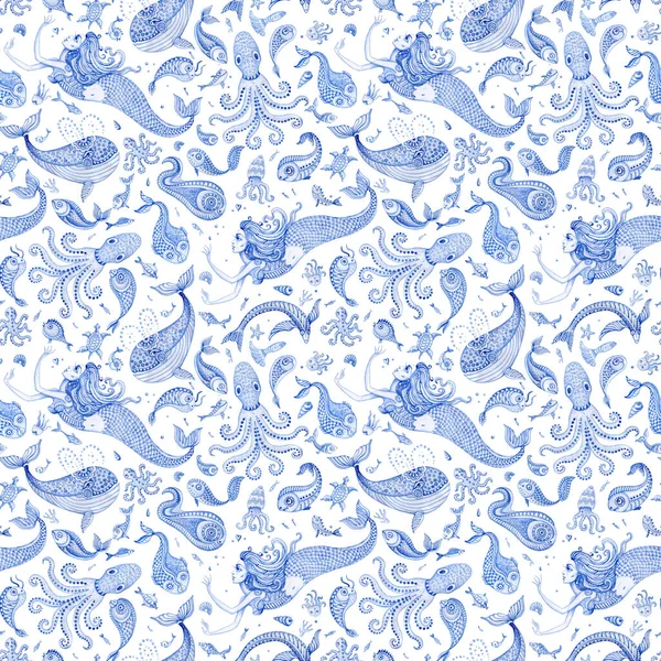 Sömlöst Mönster Blå Handmålade Sagor Havsdjur Och Sjöjungfru Akvarell Fantasi — Stockfoto
