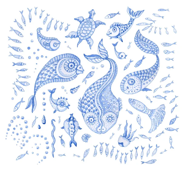 藍の青手のセットはおとぎ話の海の動物を描いた 水彩画は幻想的な魚 クラゲ イラクサ魚 ヒラメ 白い背景に隔離されたシェルを描いた Batic Tee Shirt Print — ストック写真