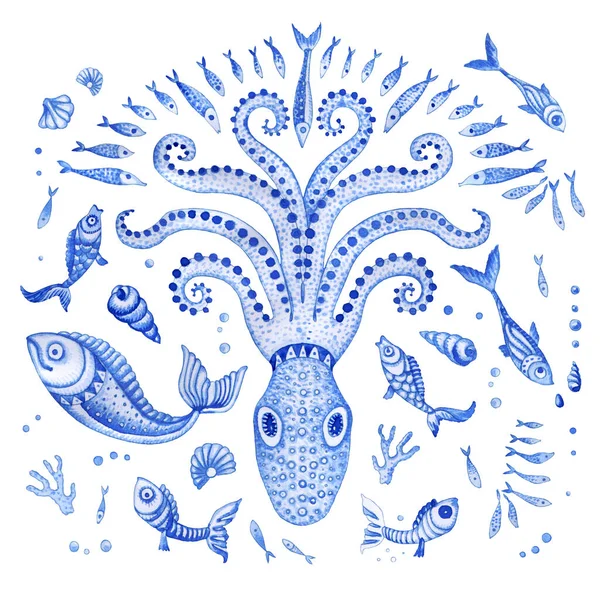 藍の青手のセットはおとぎ話の海の動物を描いた 水彩画幻想的な魚 サンゴ 白い背景に隔離された塗装 バティック ティーシャツプリント ブックカバー ポスター — ストック写真
