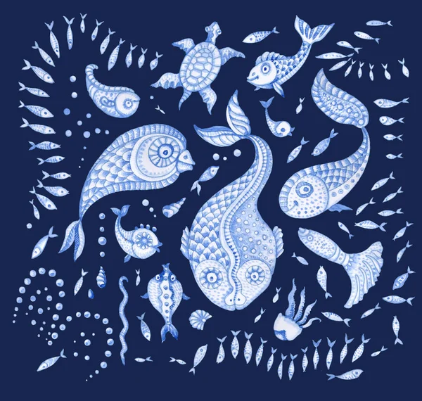藍の青手のセットはおとぎ話の海の動物を描いた 水彩画は幻想的な魚 クラゲ イラクサ魚 ヒラメ 暗い背景に隔離されたシェルを描いた Batic Tee Shirt Print — ストック写真