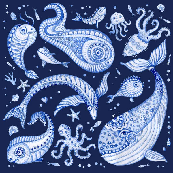 藍の青手のセットはおとぎ話の海の動物を描いた 水彩画幻想的な魚 クジラ サンゴ 暗い背景に隔離された塗装 バティック ティーシャツプリント ブックカバー — ストック写真