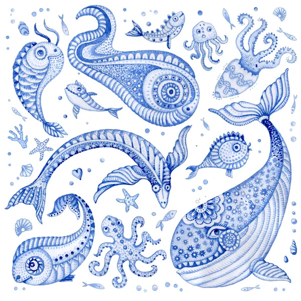 藍の青手のセットはおとぎ話の海の動物を描いた 水彩画幻想的な魚 クジラ サンゴ 白い背景に隔離された塗装 バティック ティーシャツプリント ブックカバー — ストック写真