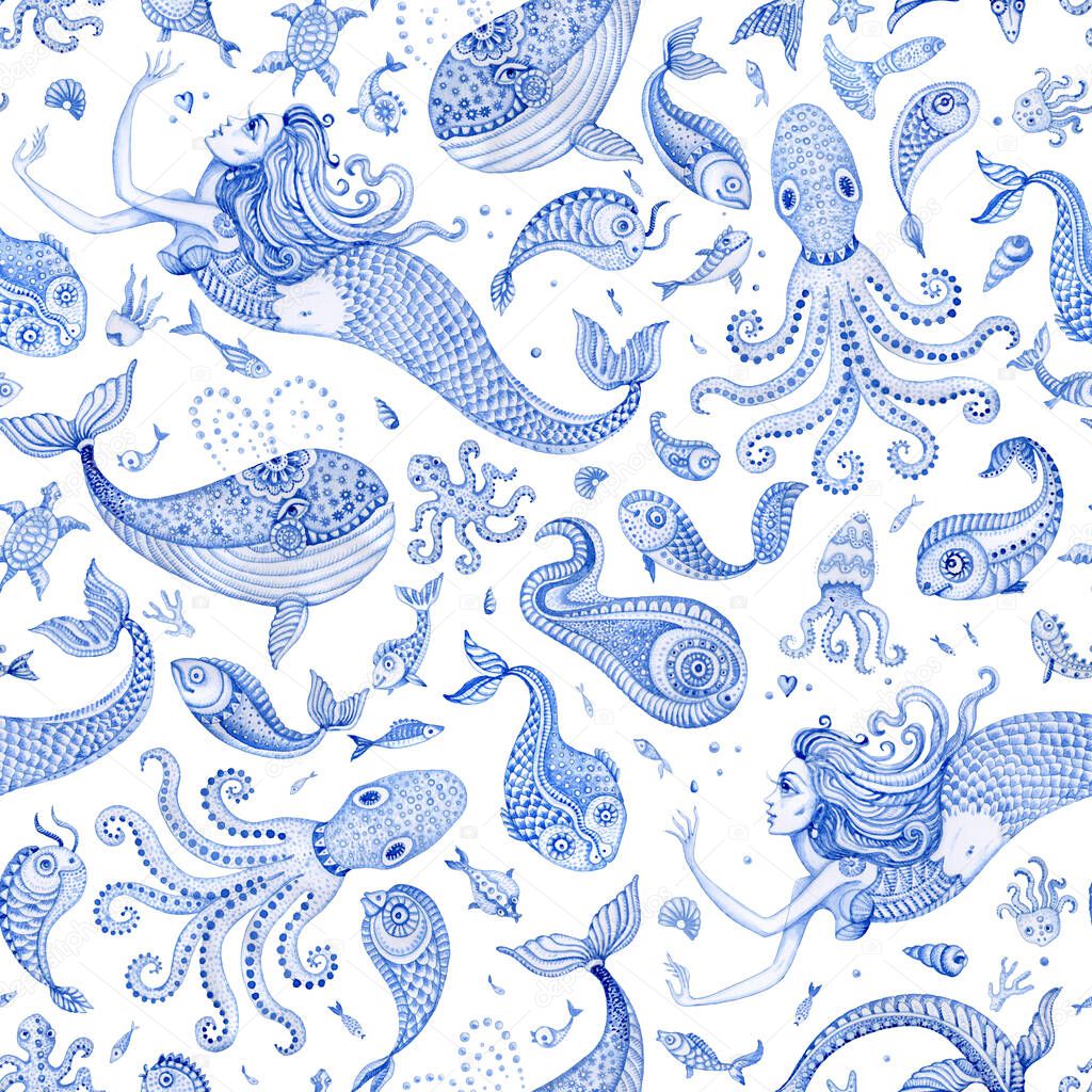 Seamless pattern of blue hand painted fairy tale sea animals and mermaid. Watercolor fantasy fish, octopus, coral, sea shells, bubbles, isolated on a white background 