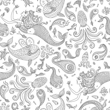 Siyah ve beyaz vektör kusursuz desen. Fantezi deniz kızı, ahtapot, balık, deniz hayvanları ince çizgi çizerler. Yetişkin ve çocuklar için boyama kitabı sayfası