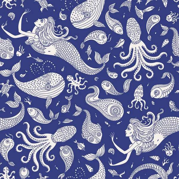 ベクトル航海シームレスパターン 幻想的な人魚 海の動物ベージュのシルエット 濃い藍の青の背景に装飾が施されています バティック ぬり絵のページ — ストックベクタ
