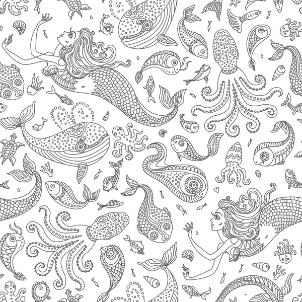 Черно Белый Векторный Бесшовный Рисунок Фантазийная Русалка Осьминог Рыба Морские — стоковый вектор