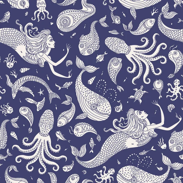 ベクトル航海シームレスパターン 幻想的な人魚 海の動物ベージュのシルエット 濃い藍の青の背景に装飾が施されています バティック ぬり絵ページ テキスタイルプリント 包装紙 — ストックベクタ
