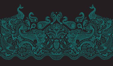 Vektör kusursuz desen. Fantezi deniz kızı, ahtapot, balık, deniz hayvanı ince turkuaz hat çizerek siyah arka planda süsleme yapıyor. İşlemeli kenar