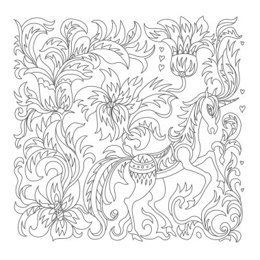 Vektör Fantasy tek boynuzlu at, ağaç, çiçekler, beyaz arka planda ince çizgiler bırakır. Yetişkinler ve çocuklar stres karşıtı boyama kitabı sayfası