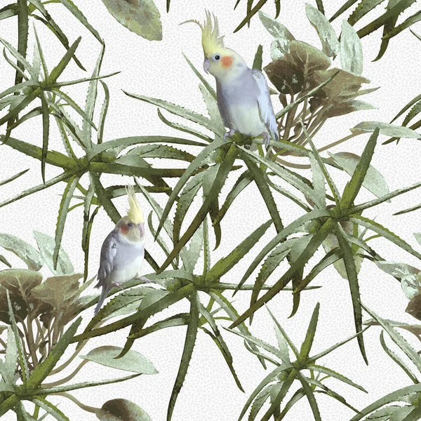 緑のトロピカルアロエの葉からの水彩の質感とパステルカラーのシームレスな花のパターン オーストラリアのカクテルは白い背景にオウム バレンタインデー Print — ストック写真